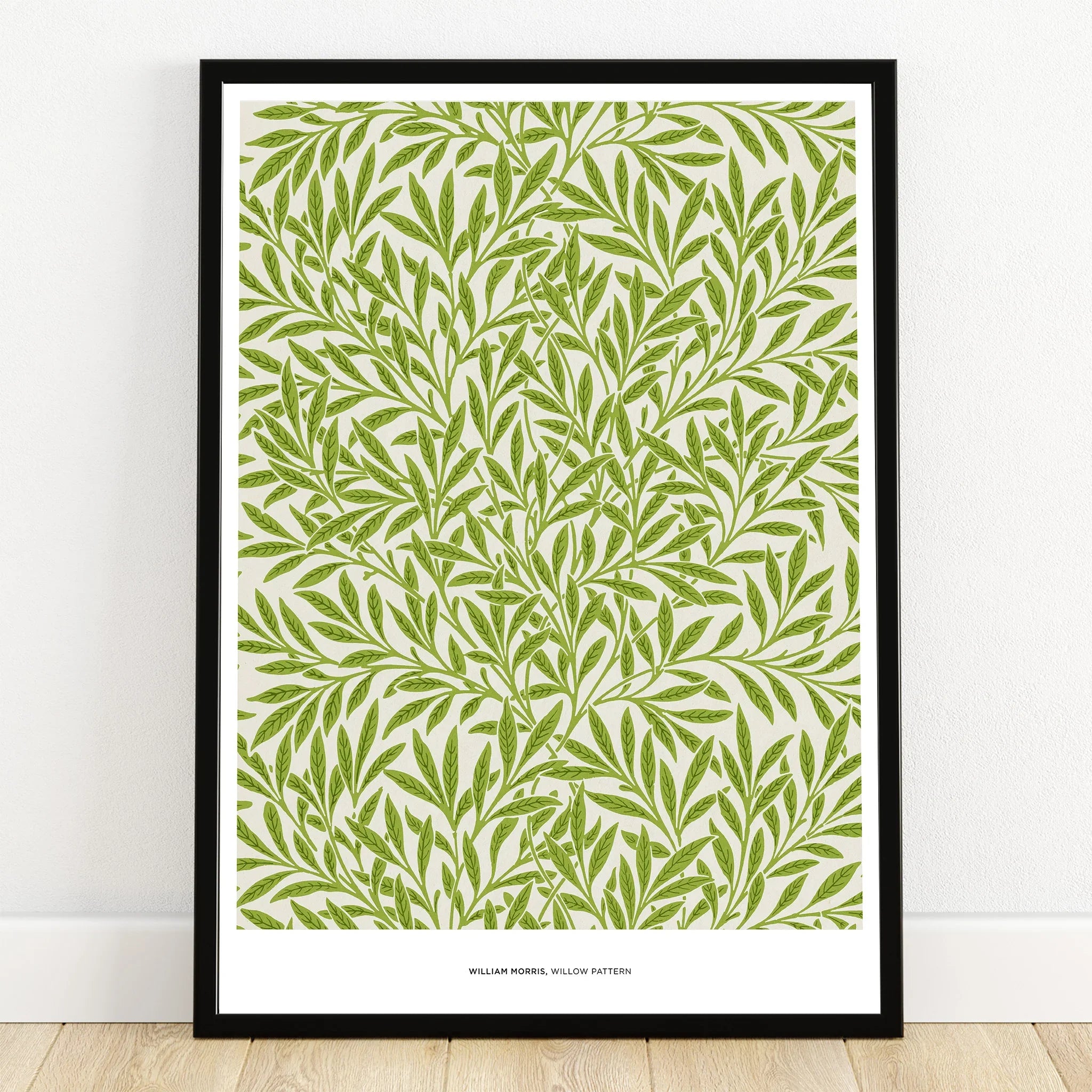 Framed art print with green willow leaf pattern, modern botanical wall decor