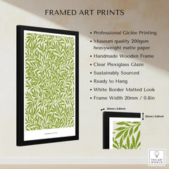 Framed art print with green botanical leaf pattern, black handmade frame, quality details listed