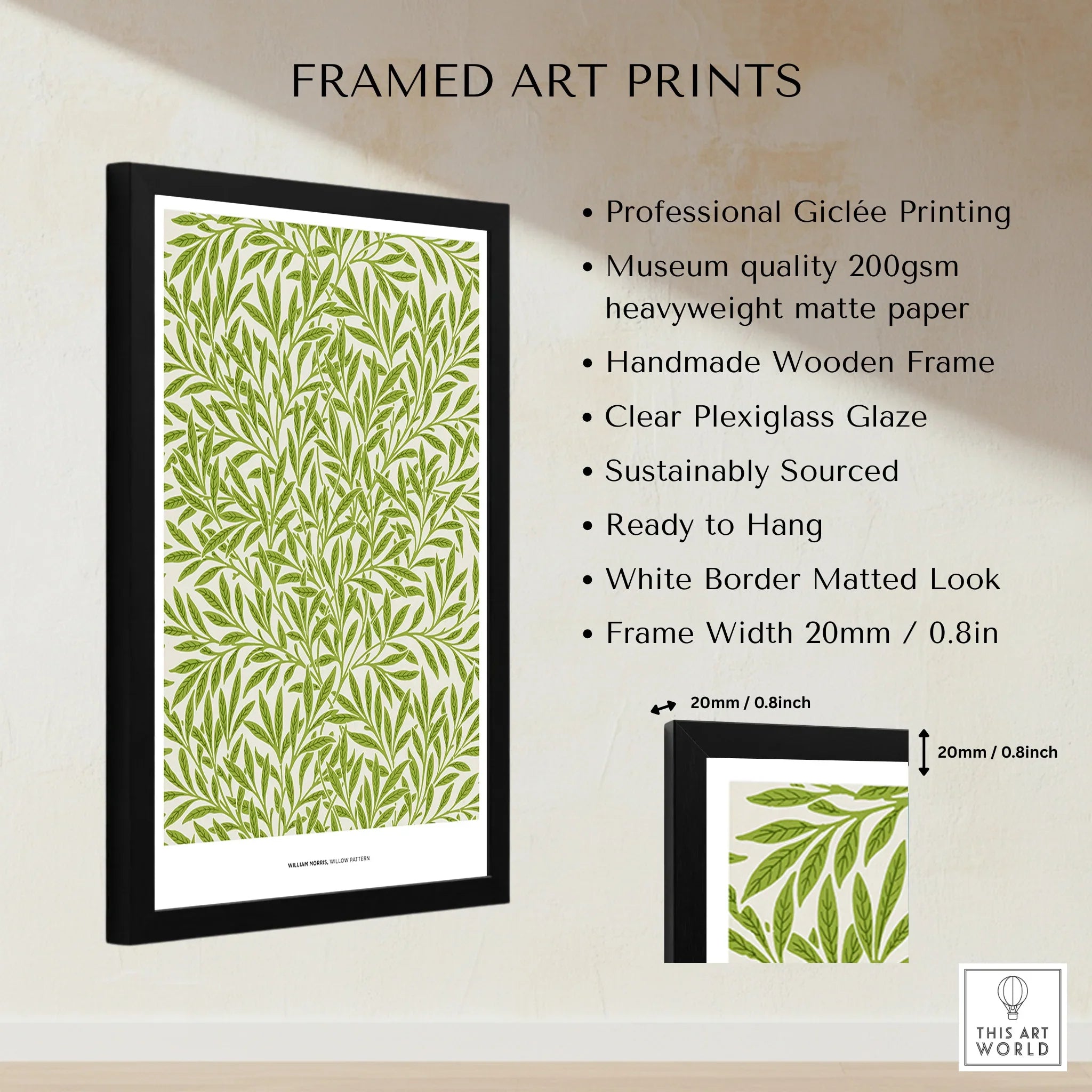 Framed art print with green botanical leaf pattern, black handmade frame, quality details listed