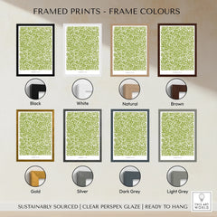 Framed art print displayed in black, white, natural, brown, gold, silver, dark grey, and light grey frame color options, wall art decor.