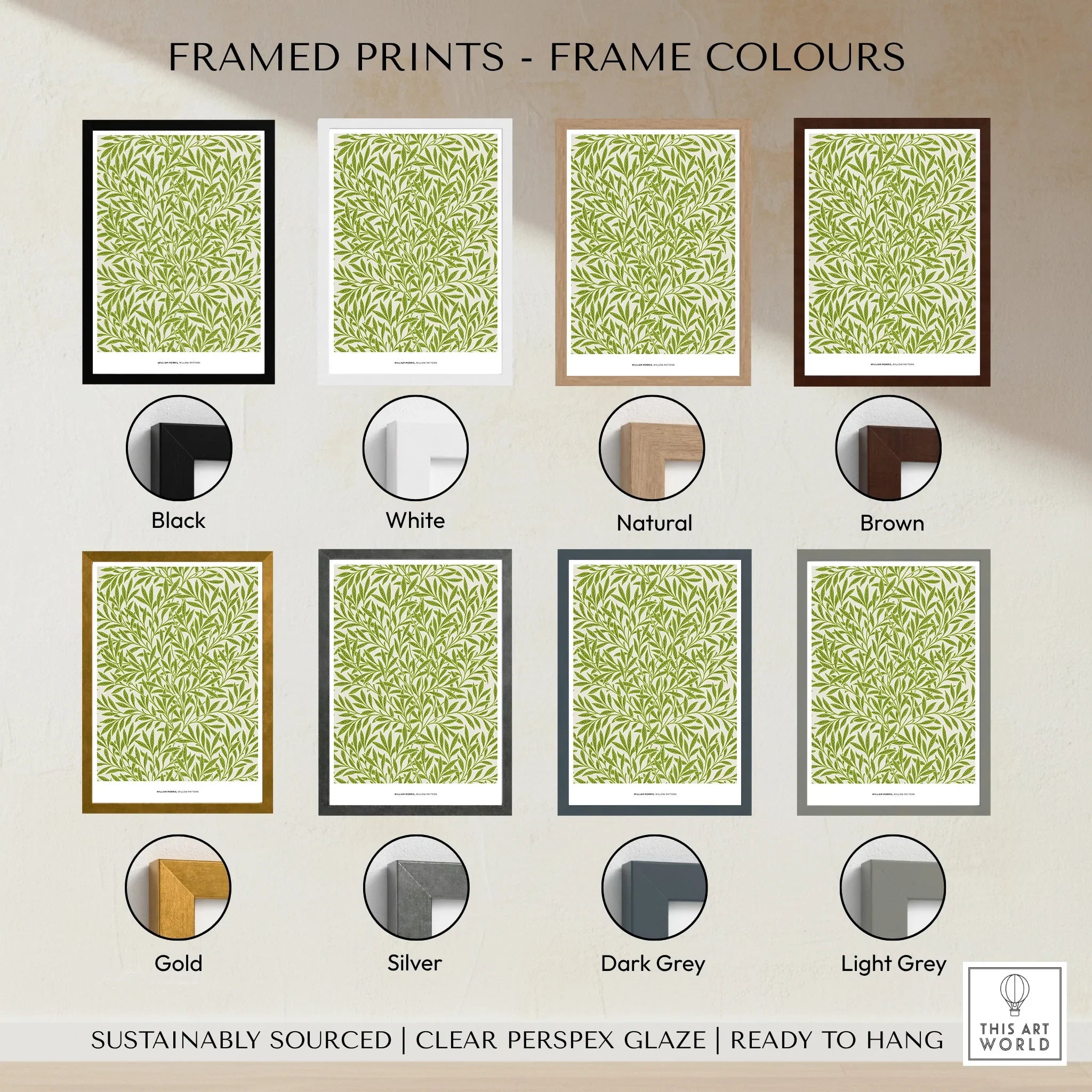 Framed art print displayed in black, white, natural, brown, gold, silver, dark grey, and light grey frame color options, wall art decor.