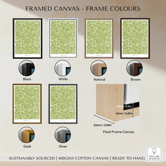 Framed canvas wall art showing six frame color options: black, white, natural, brown, gold, and silver.