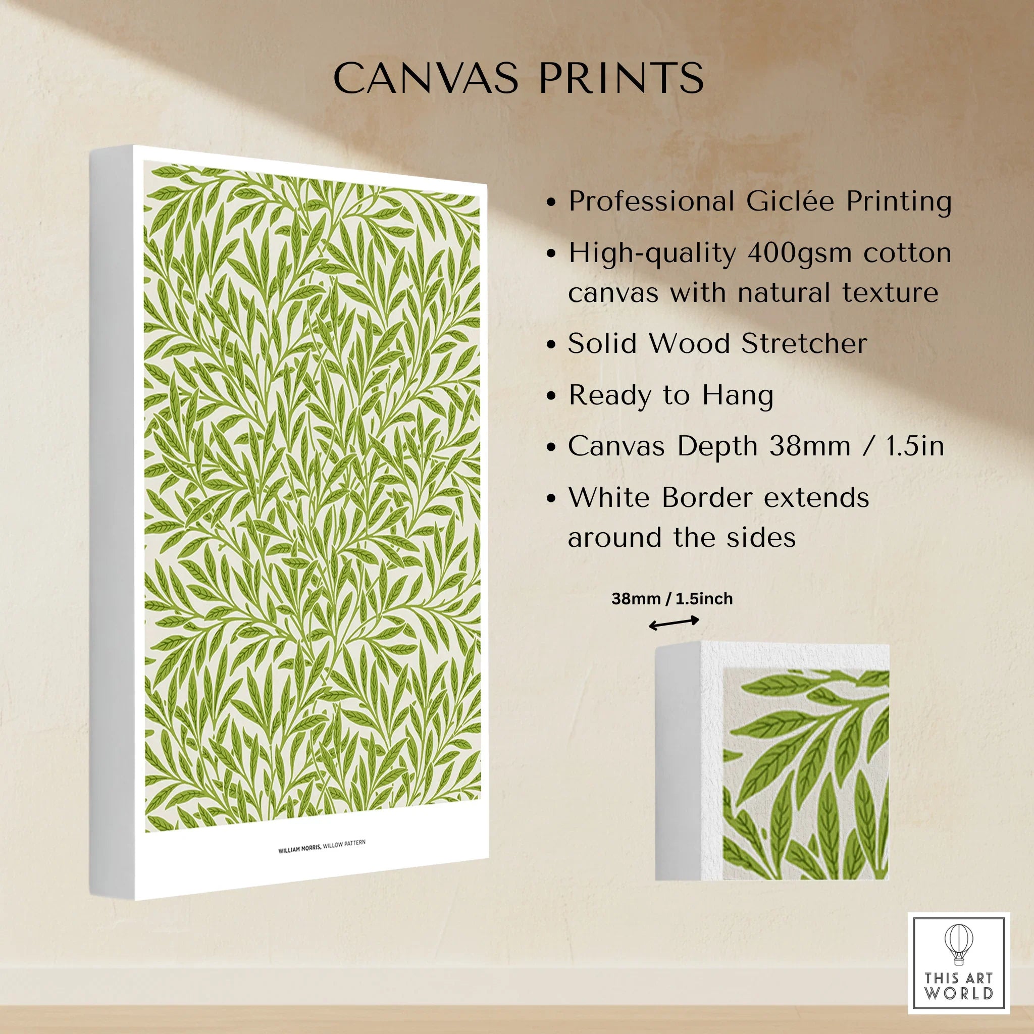 Green leafy botanical canvas print on cotton canvas with white border and wood stretcher details