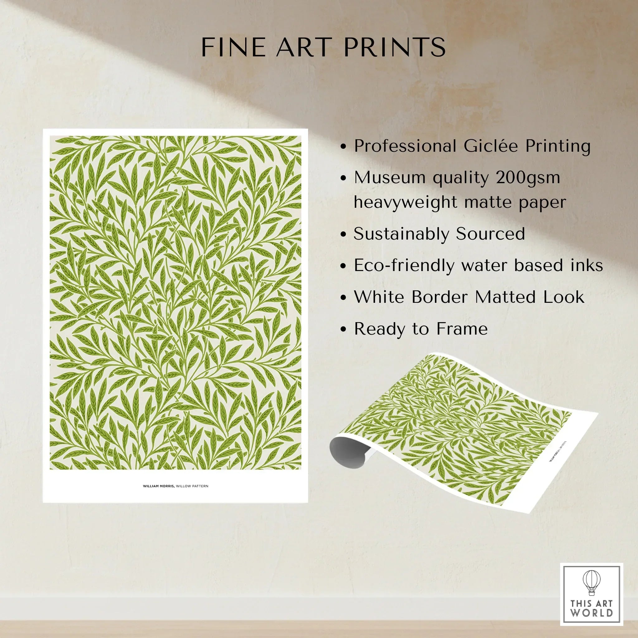 Fine art print with green leafy willow pattern, white border, eco-friendly, ready to frame