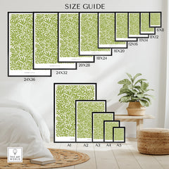 Wall art poster size guide with botanical print in various frame dimensions, bedroom decor scene