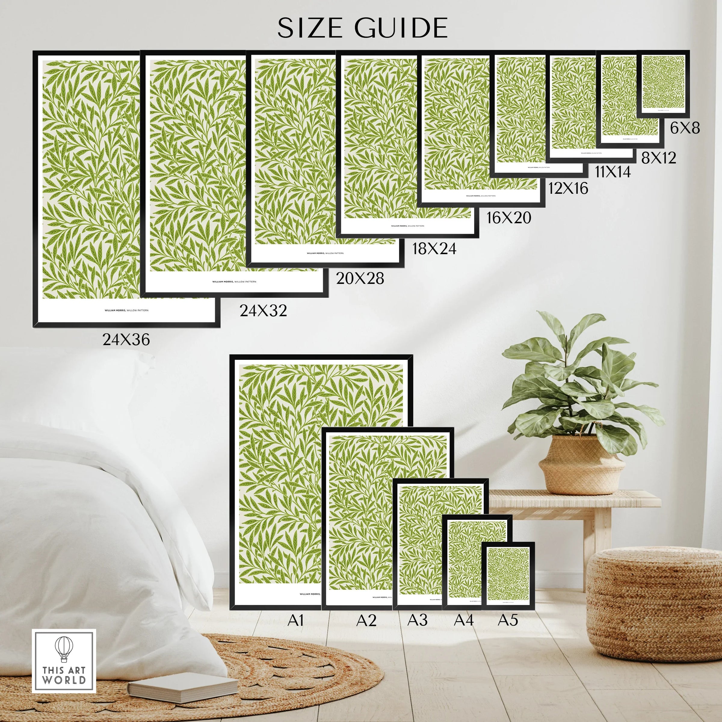 Wall art poster size guide with botanical print in various frame dimensions, bedroom decor scene