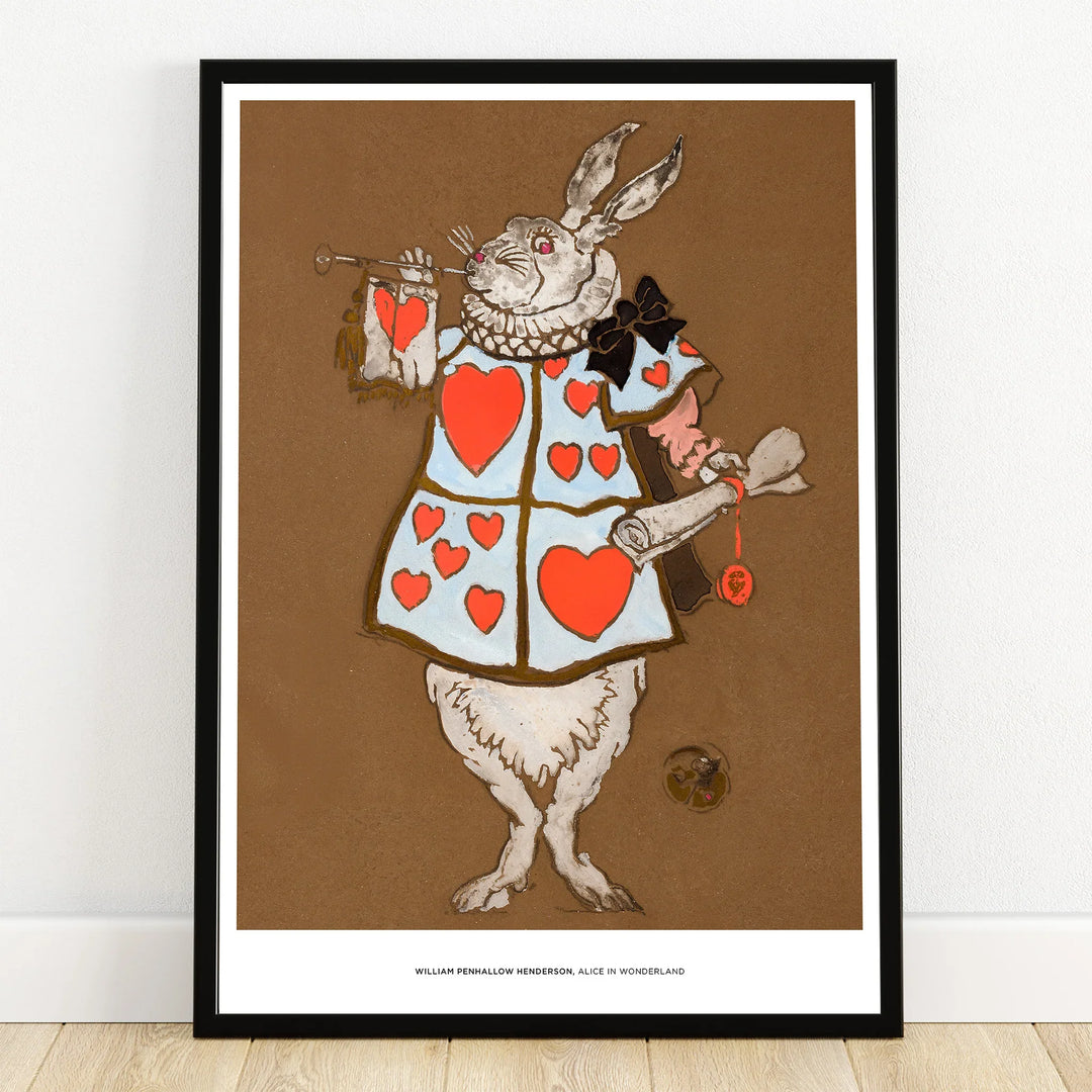 Framed wall art of a rabbit in heart-patterned outfit holding trumpet and scroll, whimsical illustration