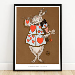 Framed wall art of a rabbit in heart-patterned outfit holding trumpet and scroll, whimsical illustration