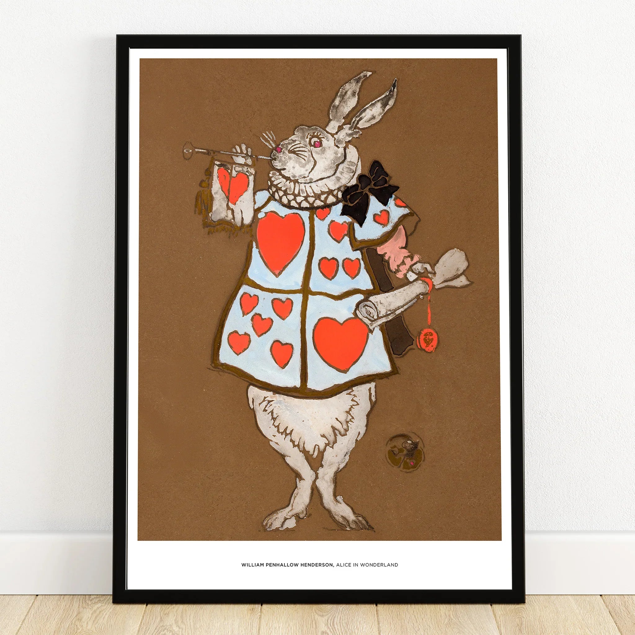 Framed wall art of a rabbit in heart-patterned outfit holding trumpet and scroll, whimsical illustration