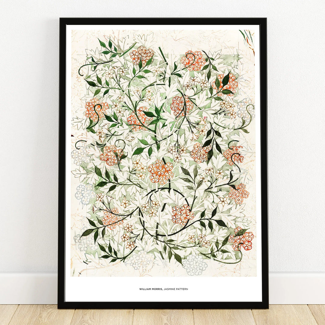 Floral wall art print with vintage jasmine flower pattern in a black frame, botanical decor