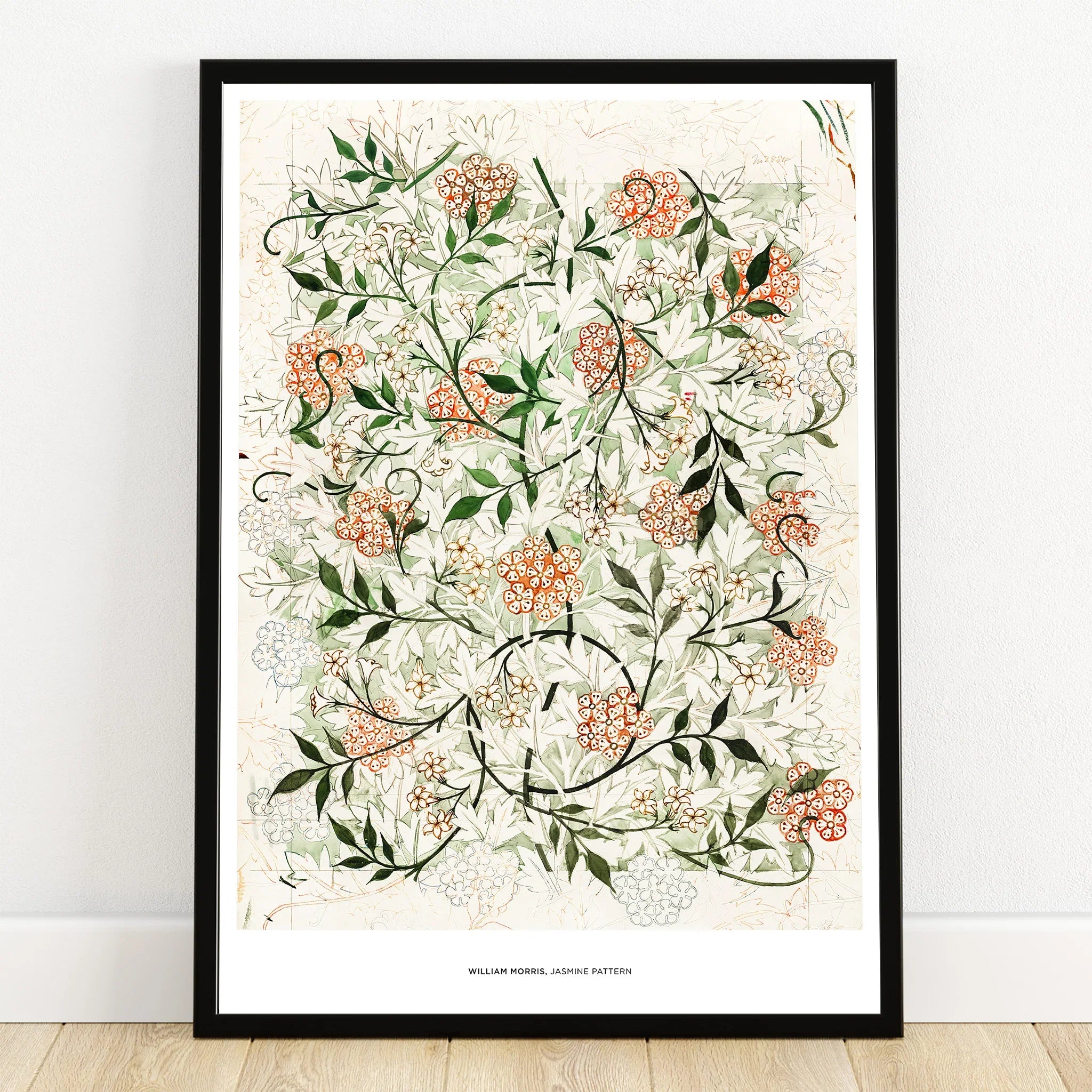 Floral wall art print with vintage jasmine flower pattern in a black frame, botanical decor