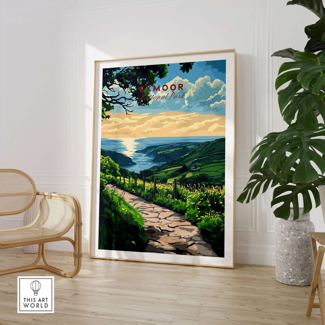 Exmoor England poster showcasing a scenic landscape, perfect for nature lovers and travel enthusiasts in a stylish interior setting.