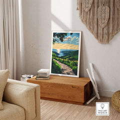 Exmoor England Poster displayed in a stylish living room, showcasing the picturesque landscape of Exmoor.