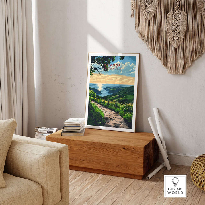 Exmoor England poster featuring a scenic landscape with a path and lush greenery displayed in a stylish interior setting.