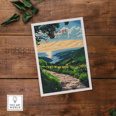 Exmoor England Poster showcasing the beautiful landscape of Exmoor with rolling hills and a scenic path.