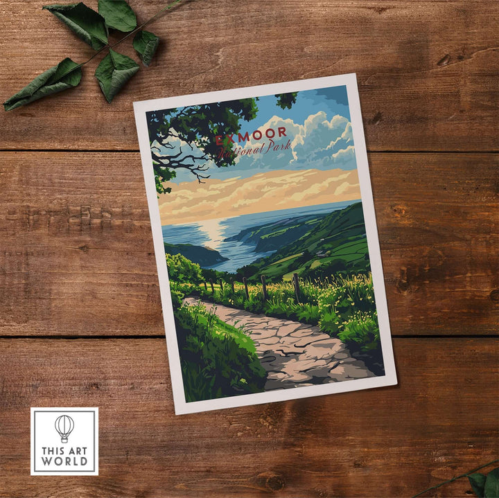 Exmoor England poster showcasing a scenic landscape with hills, a pathway, and a sunset over the coast. Perfect for nature lovers.