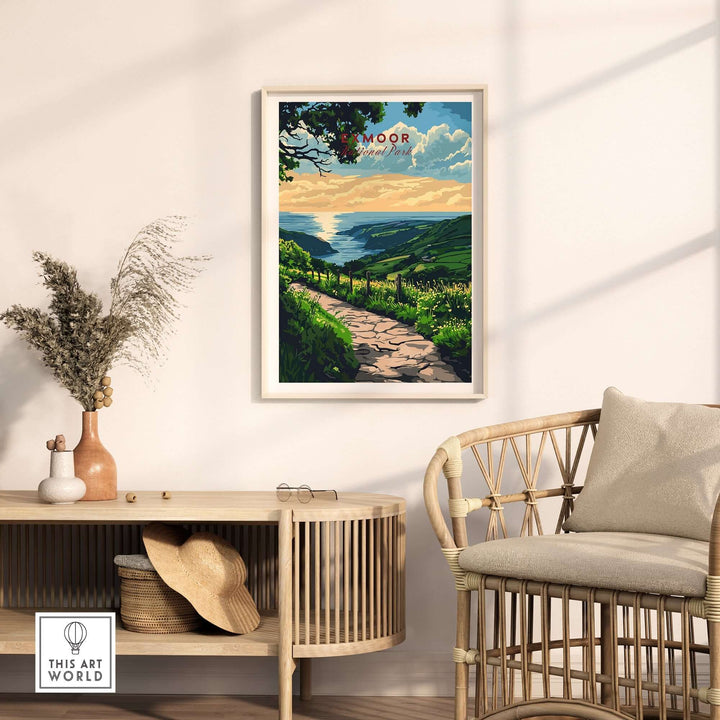 Exmoor England poster displayed in a cozy living room with a stylish rattan chair and decor, showcasing lush landscapes.