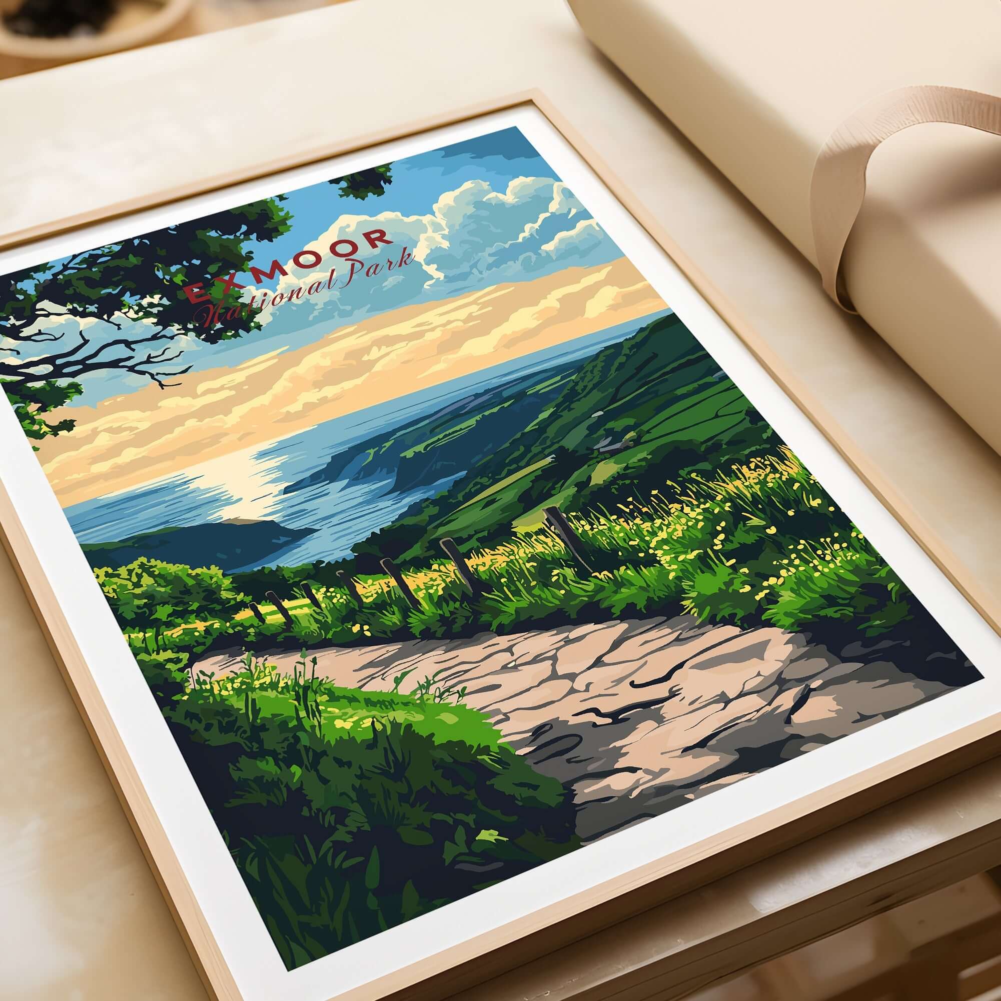 Exmoor England Poster featuring beautiful landscapes and vibrant colors of Exmoor National Park.