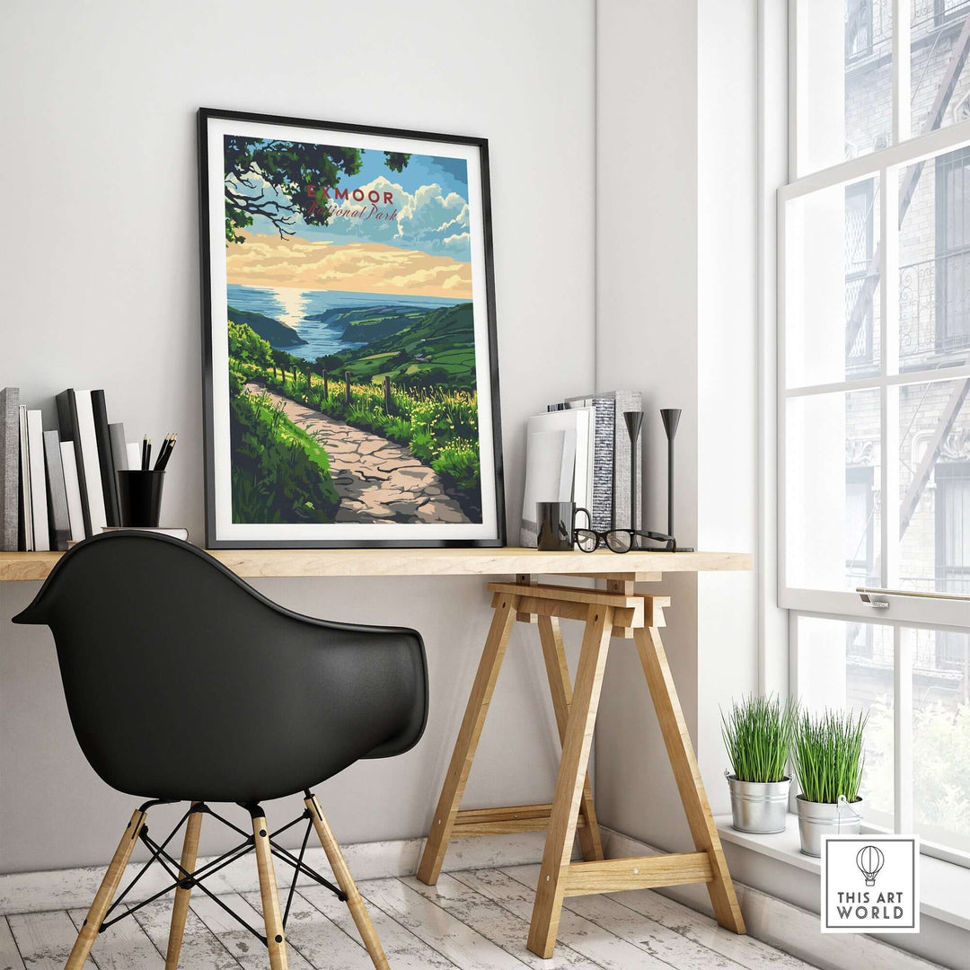 Exmoor England poster displayed in a bright room with a wooden desk and modern chair, showcasing nature's beauty.