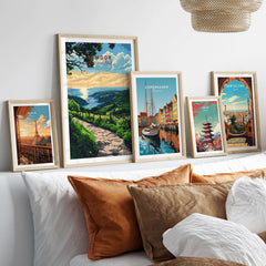 Exmoor England Poster showcasing beautiful landscape art framed with other posters in a stylish living room setting.