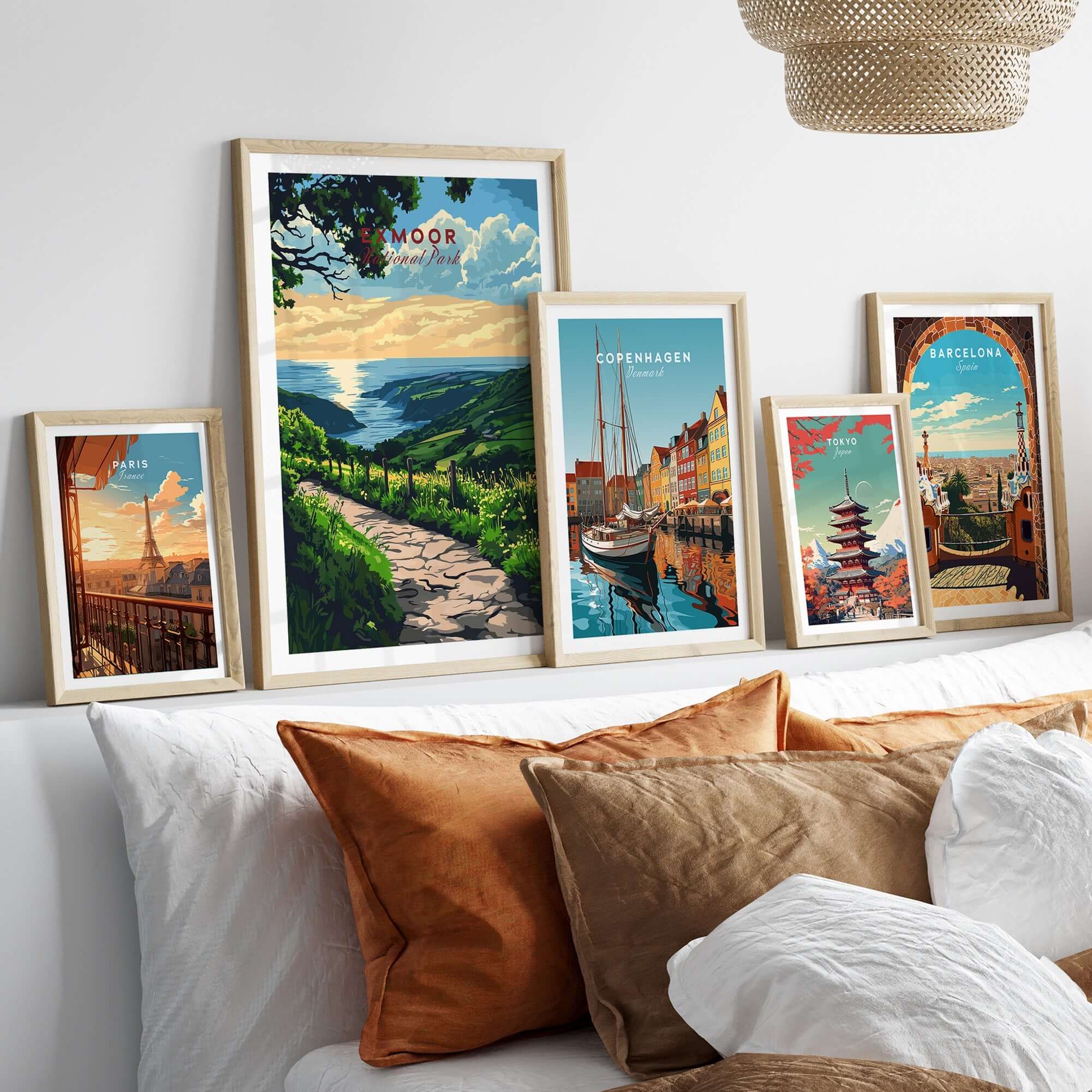 Exmoor England Poster showcasing beautiful landscape art framed with other posters in a stylish living room setting.