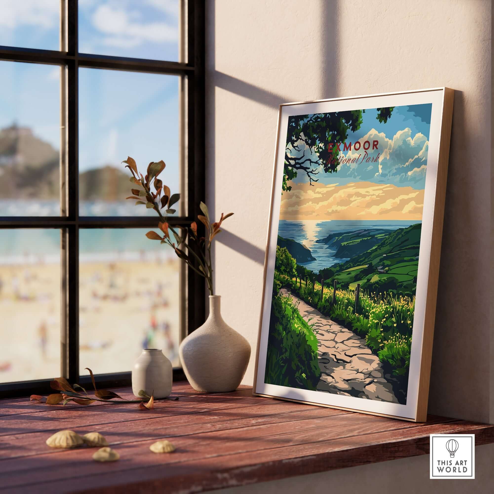 Exmoor England Poster displayed on a wooden shelf with a scenic view through the window.