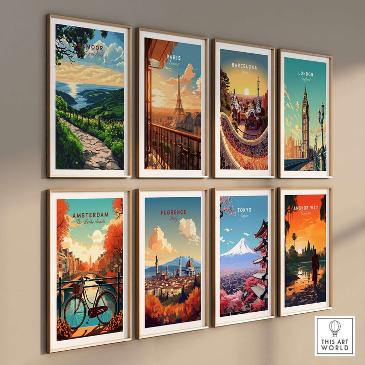 A collection of travel posters featuring Exmoor, Paris, Barcelona, London, Amsterdam, Florence, Tokyo, and Angkor Wat.