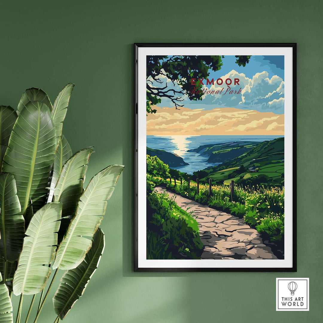 Exmoor England poster featuring a scenic landscape with a path and vibrant clouds, perfect for nature lovers.