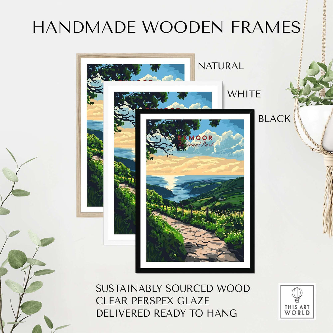 Handmade wooden frames in natural, white, and black for Exmoor England poster, showcasing sustainable design and ready-to-hang features.