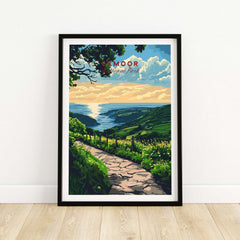 Exmoor England Poster featuring a scenic pathway and stunning landscape of Exmoor National Park.