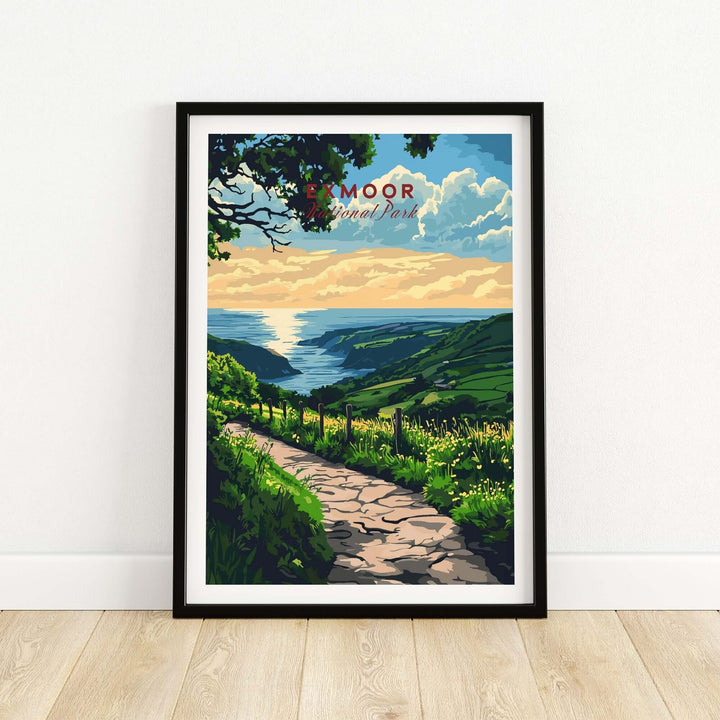 Exmoor England poster featuring a scenic pathway and picturesque landscape under a vibrant sky, perfect for nature lovers.