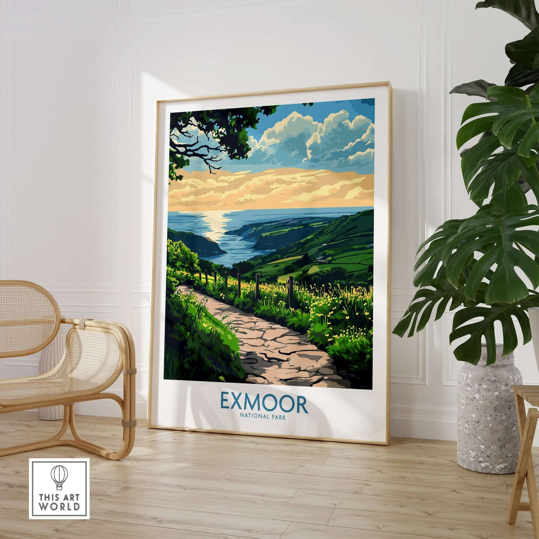 Exmoor National Park wall art print showcasing rolling hills and scenic sunset views in vibrant colors.