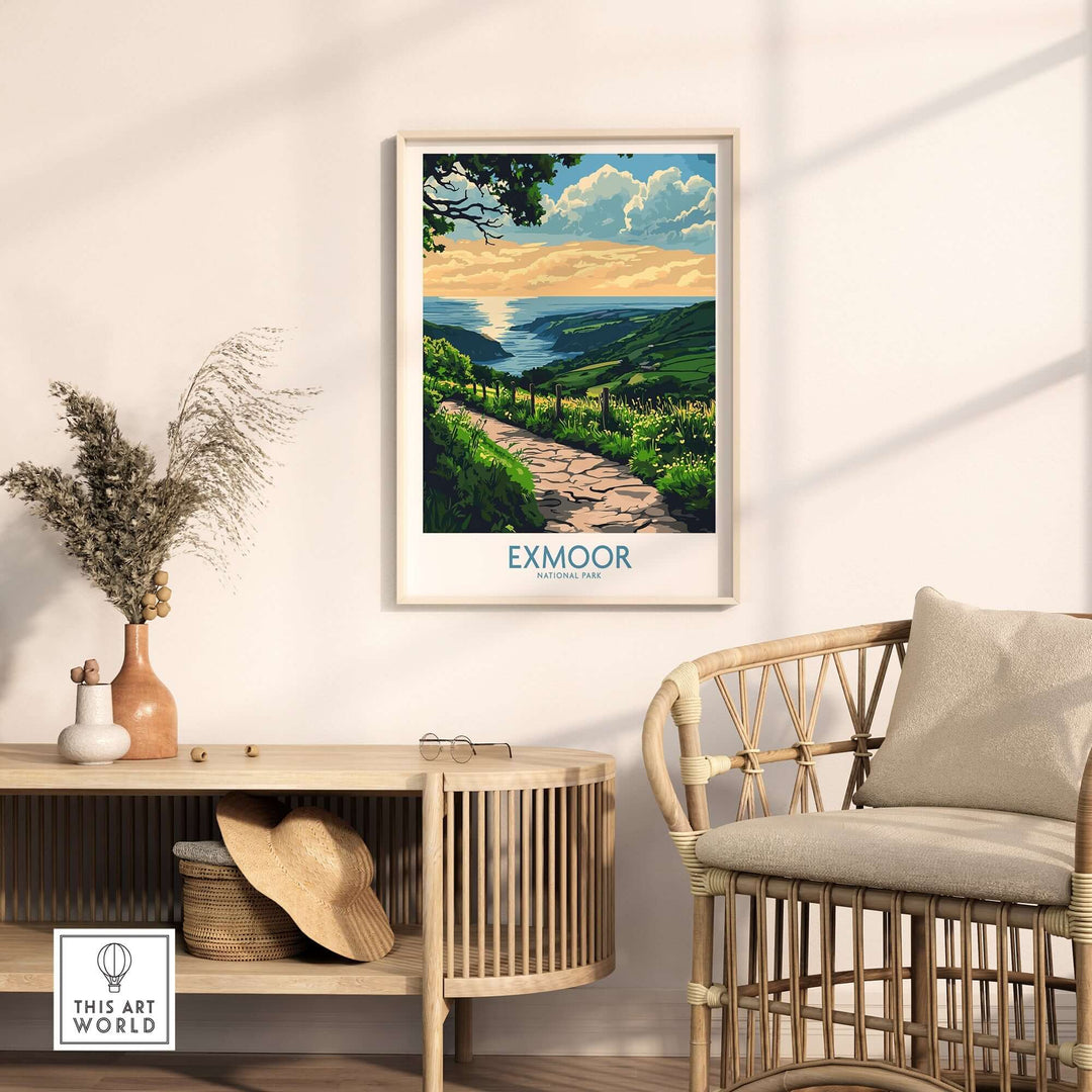 Exmoor England wall art print featuring vibrant colors, set in a cozy living room with natural decor and a stylish rattan chair.