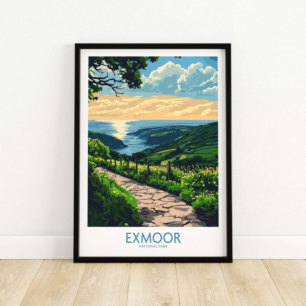 Exmoor National Park wall art print showcasing a scenic path with vibrant colors and stunning landscapes.