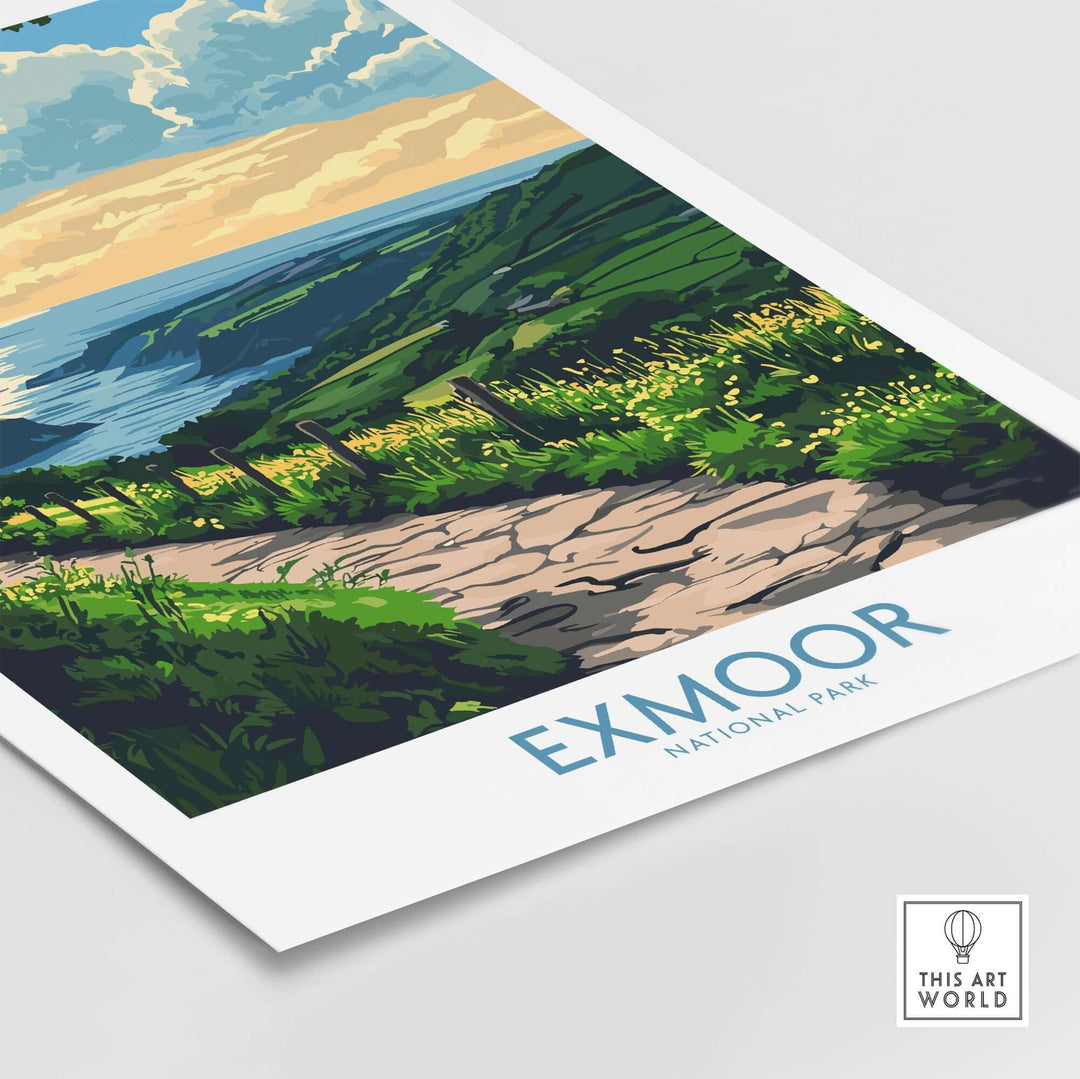 Exmoor National Park wall art print featuring vibrant colors and scenic landscape of rolling hills and coastline.