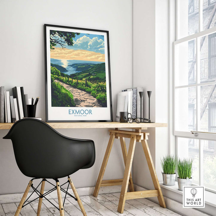 Exmoor England wall art print displayed in a stylish home office setting with a black chair and wooden desk.