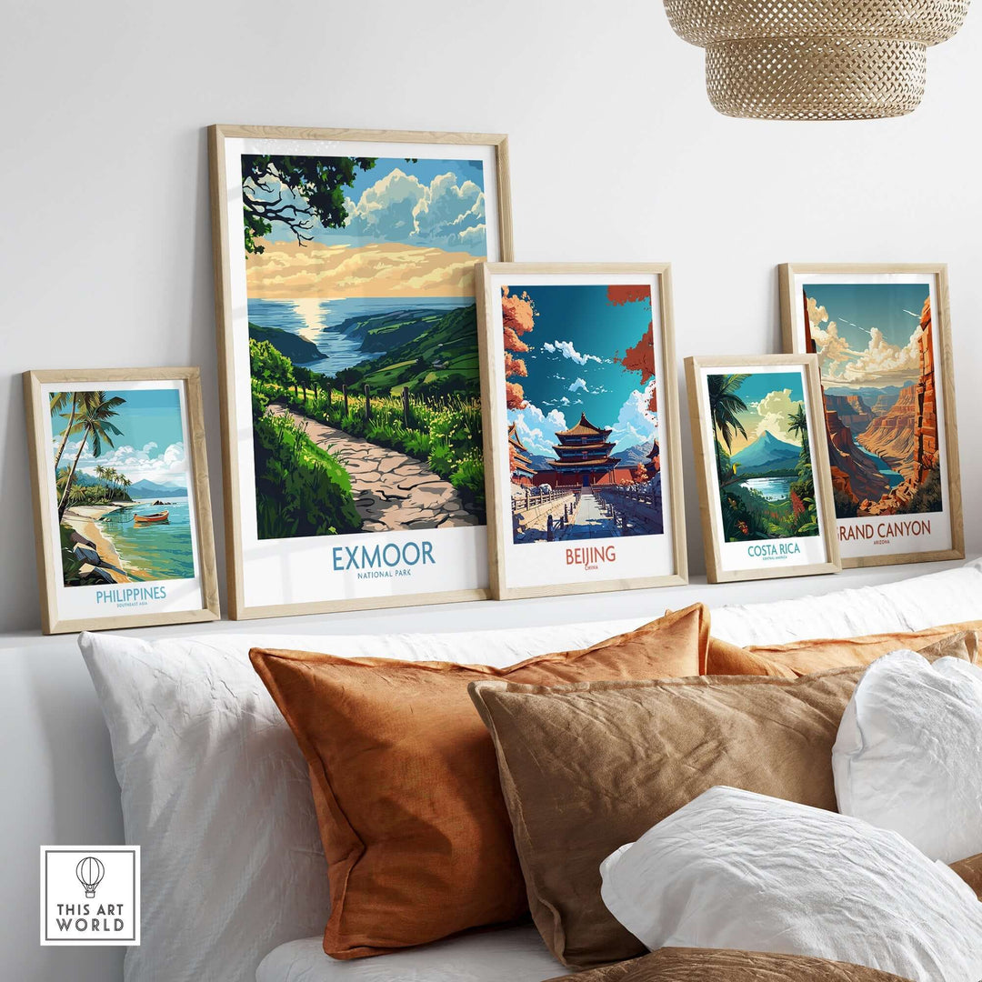 Collection of vibrant travel wall art prints featuring Exmoor, Beijing, Costa Rica, and the Grand Canyon.