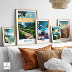 Exmoor England Wall Art Print featured among other travel-themed wall art prints on a stylish shelf.