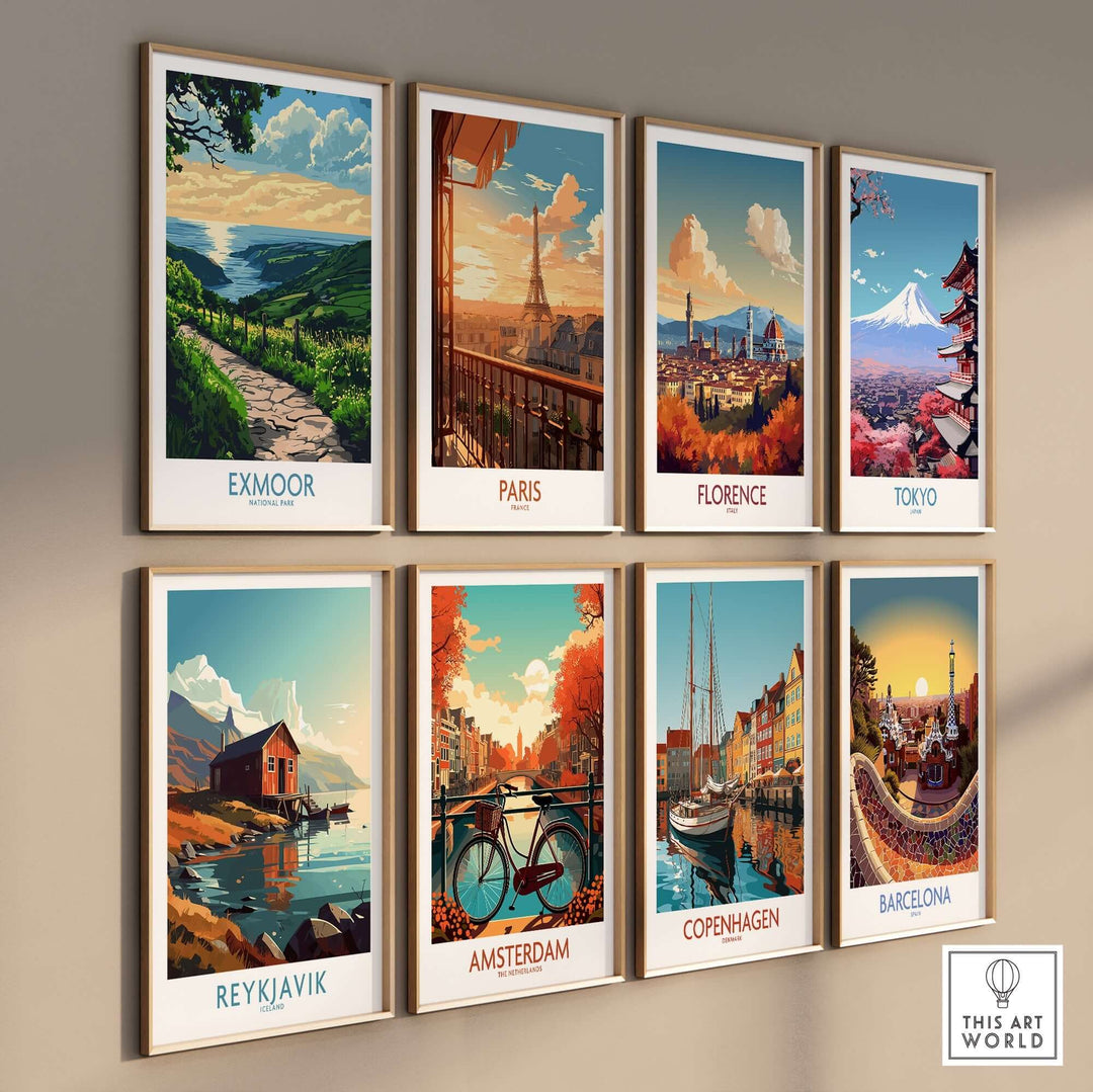 Colorful wall art prints of Exmoor, Paris, Florence, Tokyo, Reykjavik, Amsterdam, Copenhagen, and Barcelona.