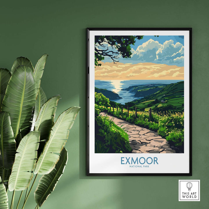 Exmoor England wall art print showcasing a scenic view of hills, path, and coastline in vibrant colors on a green wall.