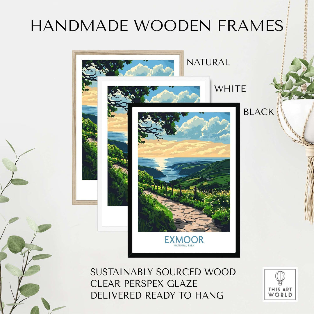 Handmade wooden frames in natural, white, and black for Exmoor England wall art print, ready to hang and sustainably sourced.