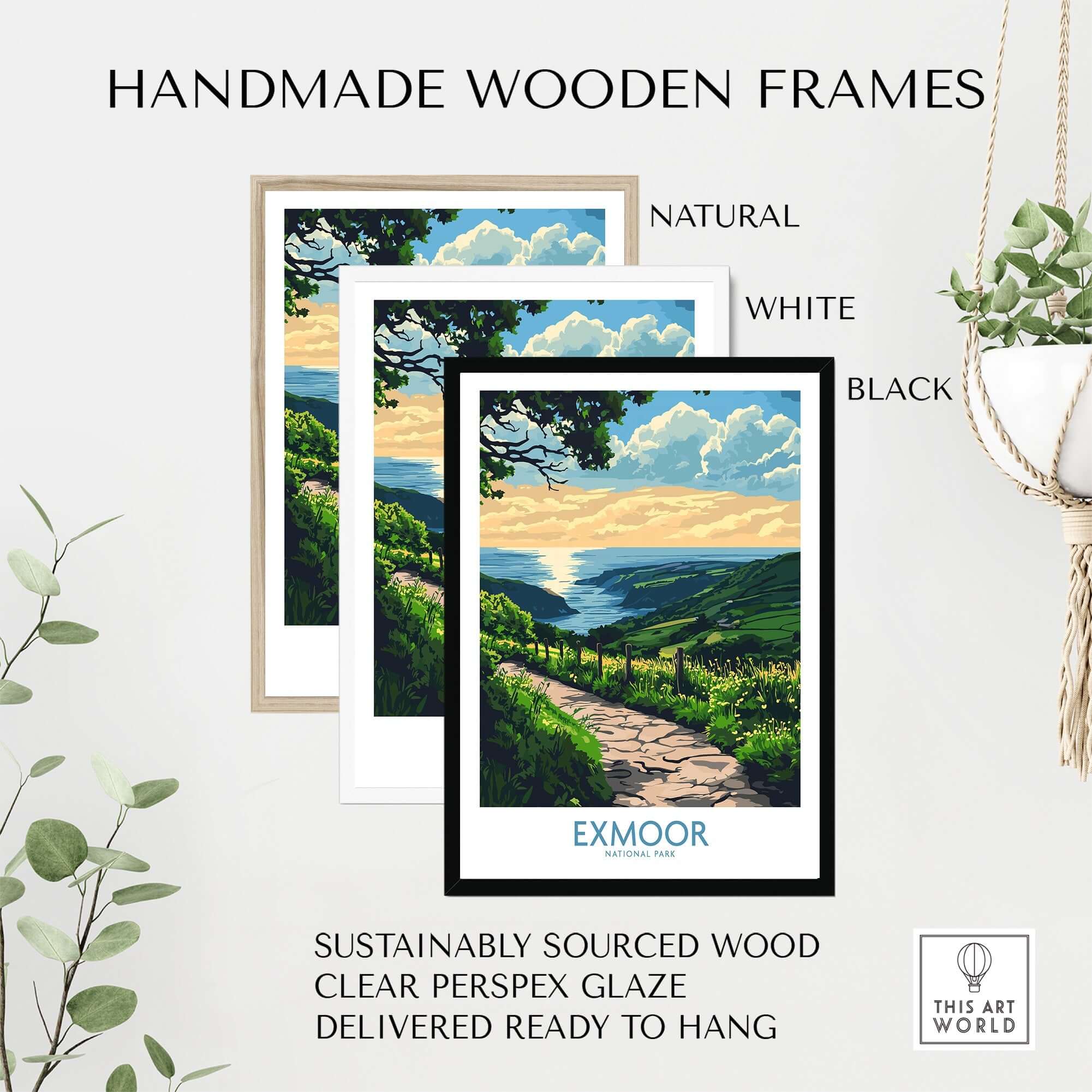 Exmoor England Wall Art Print displayed in handmade wooden frames with natural, white, and black options.