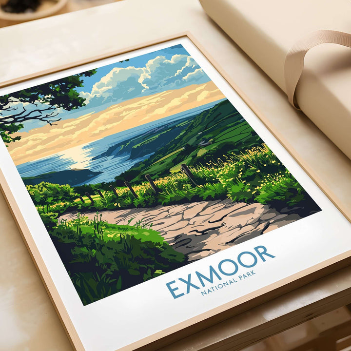 Exmoor National Park wall art print featuring vibrant landscape and scenic view of rolling hills and coastline.