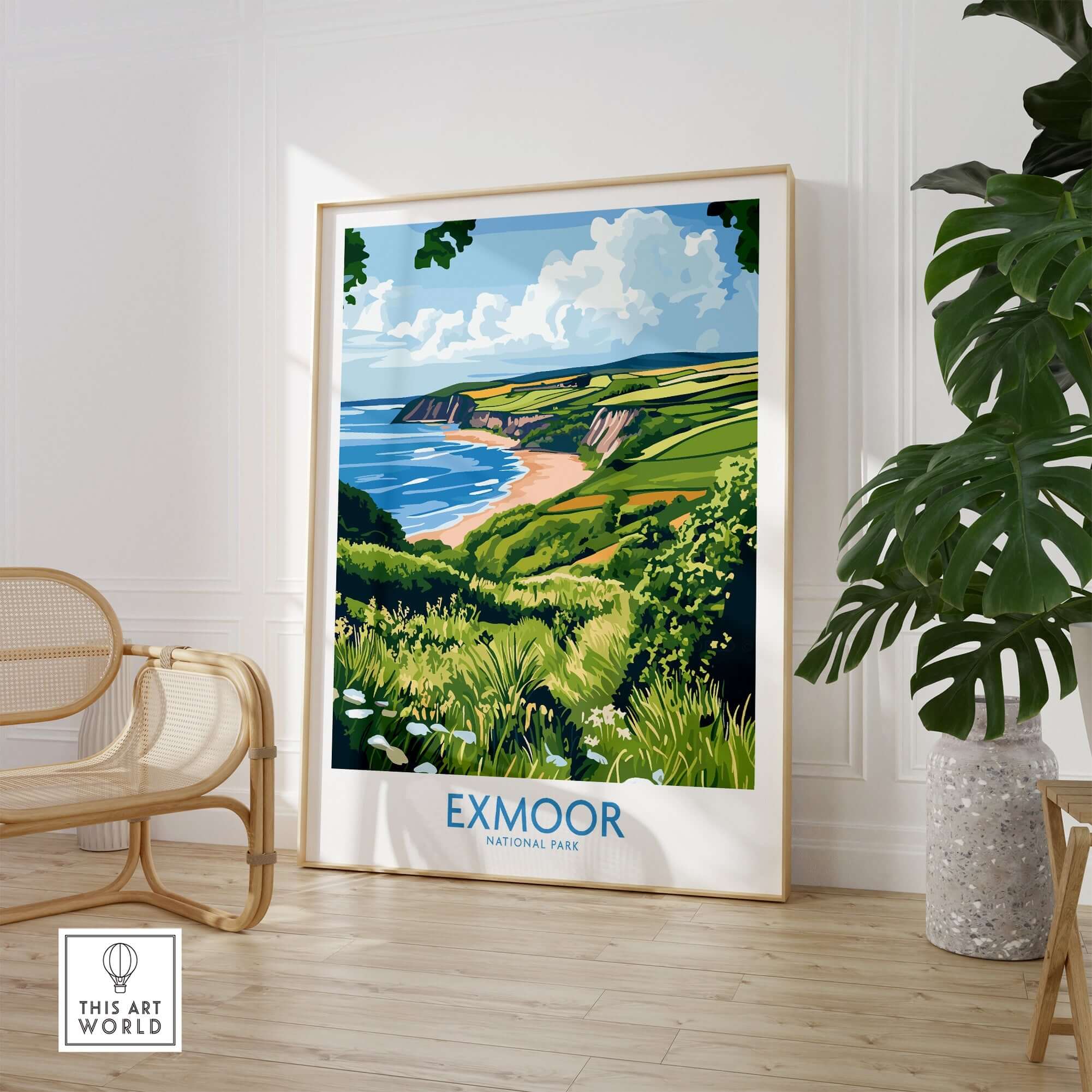 Exmoor National Park Travel Print showcasing stunning landscapes and coastal views in a stylish home setting.