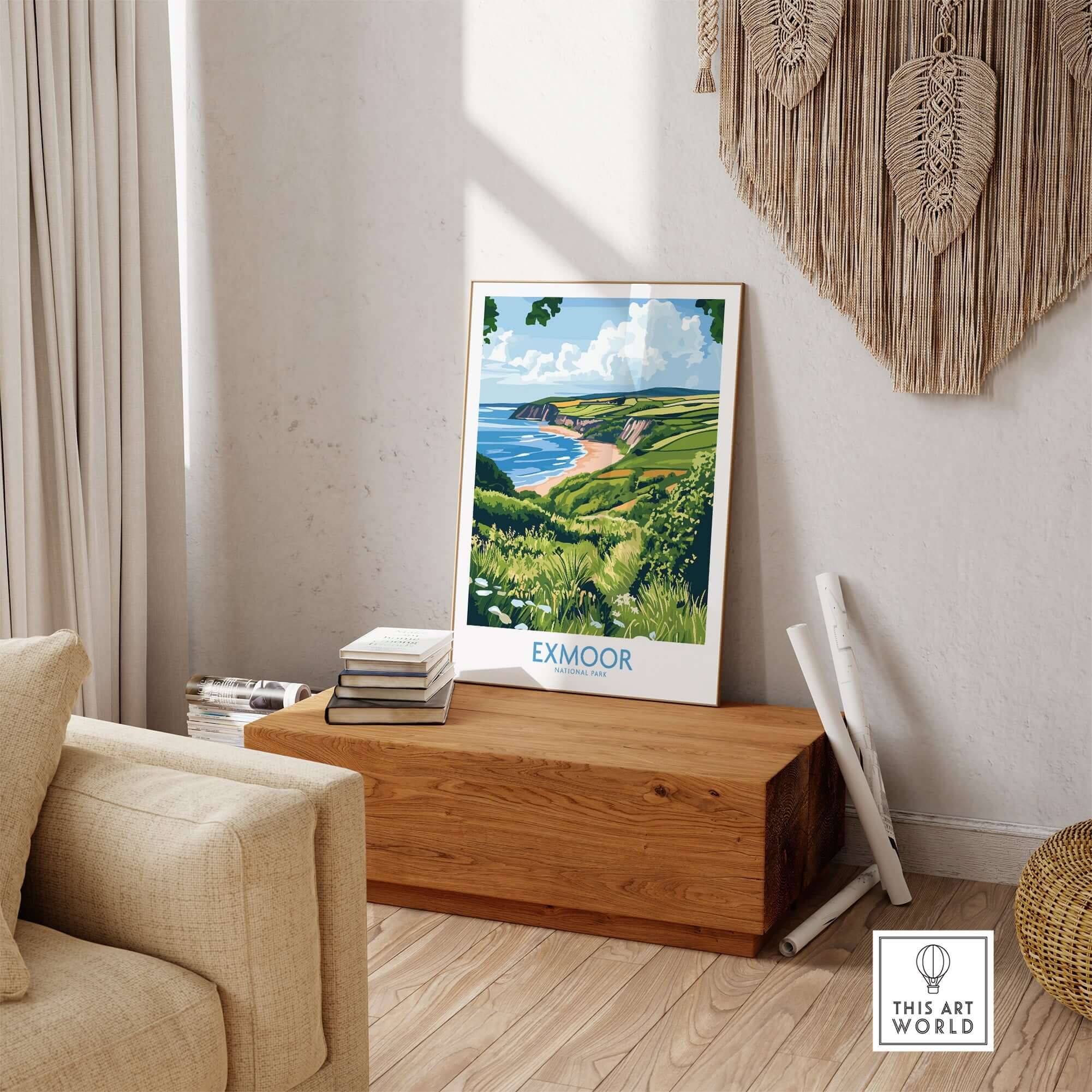 Exmoor National Park Travel Print showcasing stunning coastal landscapes and vibrant scenery in a stylish home setting.