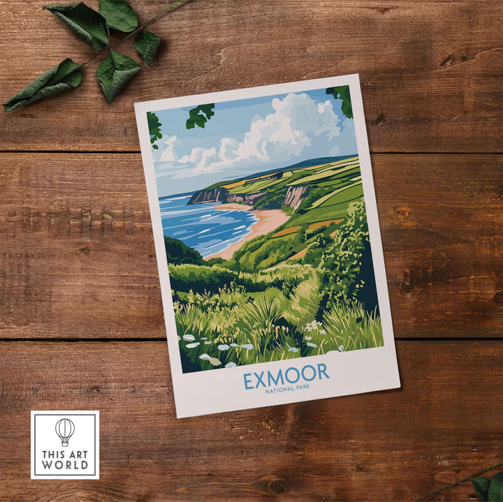 Exmoor National Park travel print showcasing lush landscapes and coastal views, perfect for nature lovers' home decor.