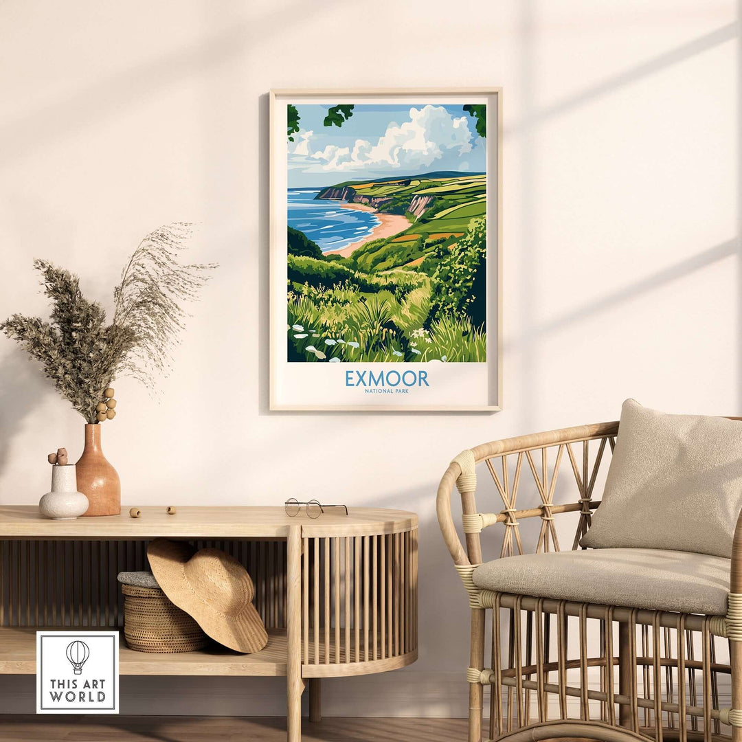 Exmoor National Park travel print showcasing lush landscapes and coastline, framed and displayed in a stylish home setting.