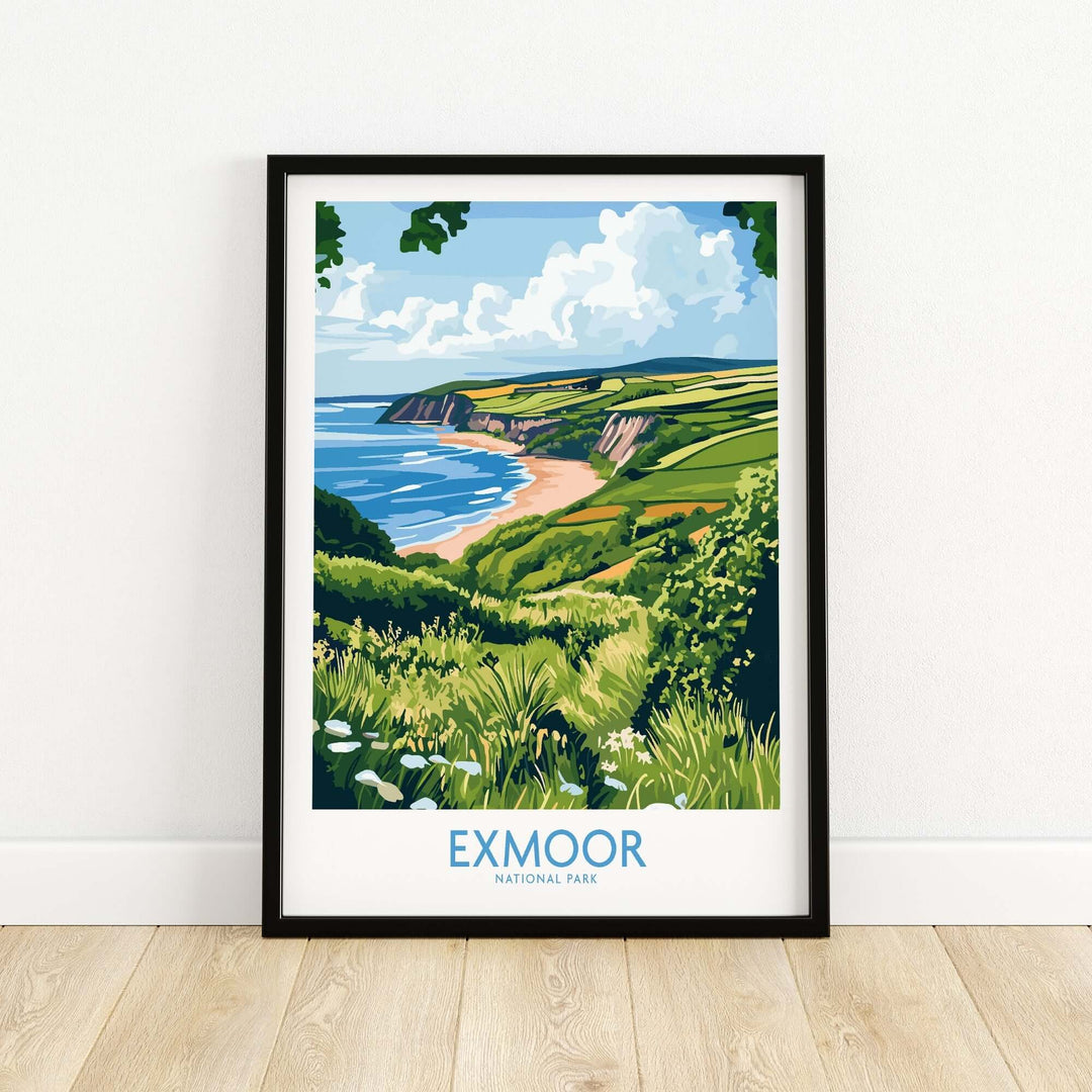 Exmoor National Park travel print showcasing a vibrant coastal landscape and lush greenery, perfect for nature lovers.