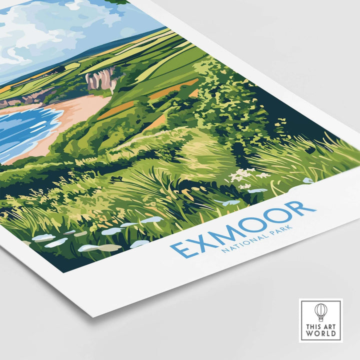 Exmoor National Park travel print showcasing stunning landscapes and lush greenery by the coastline.