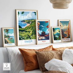 Exmoor National Park Travel Print displayed among other travel prints on a stylish couch setup.